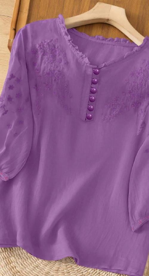 Summer Viscose Embroidered Lightweight Loose Retro Casual Mid-Sleeve Blouse
